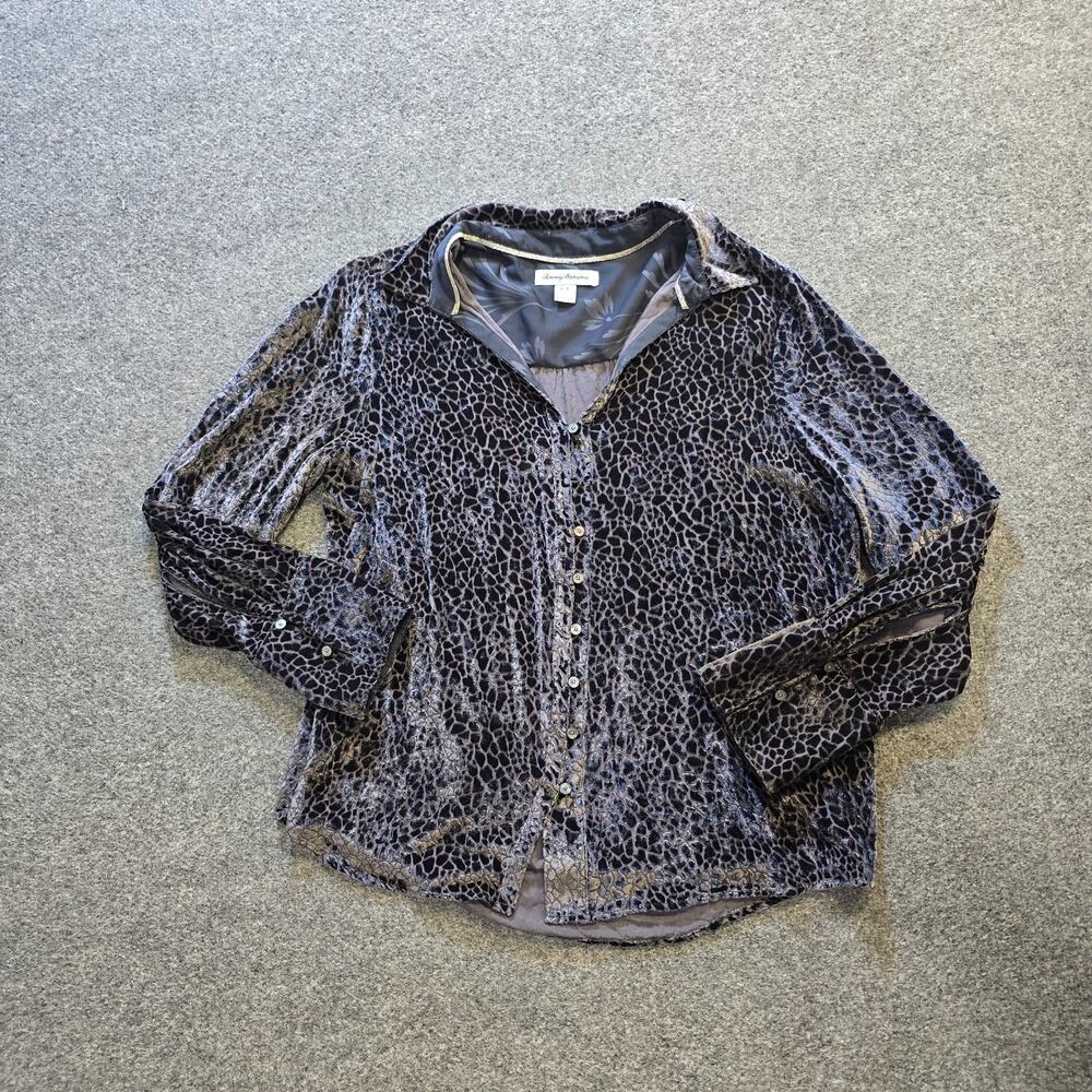 Tommy Bahama Top Womens Large Gray Silk Blend Velour Textured Button Up Casual